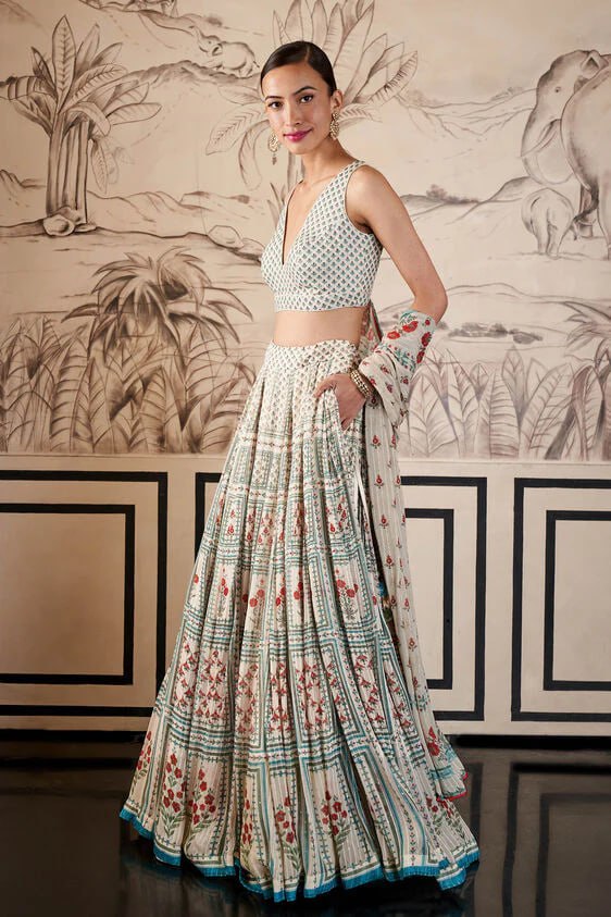 White & Teal Floral Printed Lehenga with Dupatta