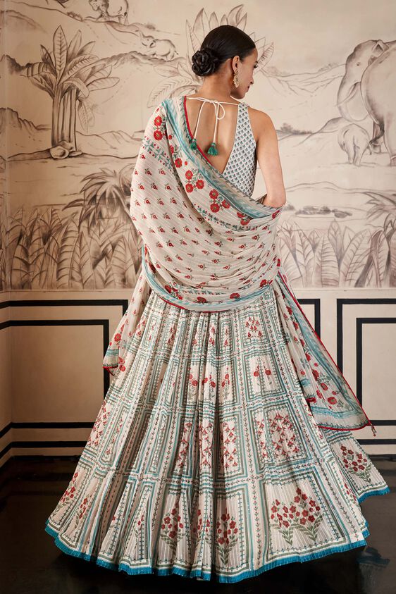 White & Teal Floral Printed Lehenga with Dupatta