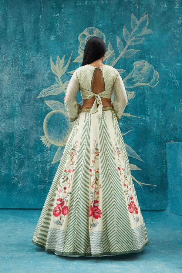 Ivory & Green Floral Printed Lehenga Set