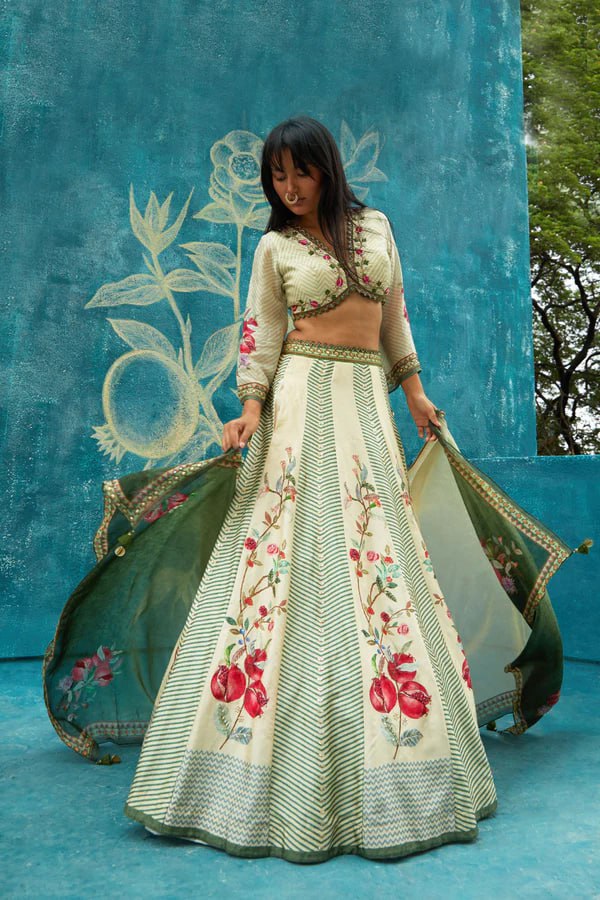 Ivory & Green Floral Printed Lehenga Set