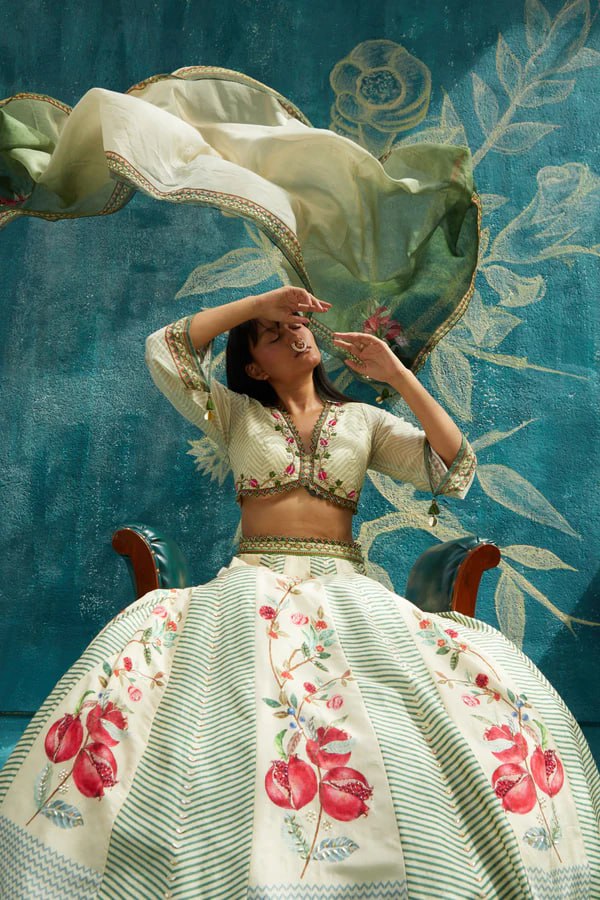 Ivory & Green Floral Printed Lehenga Set