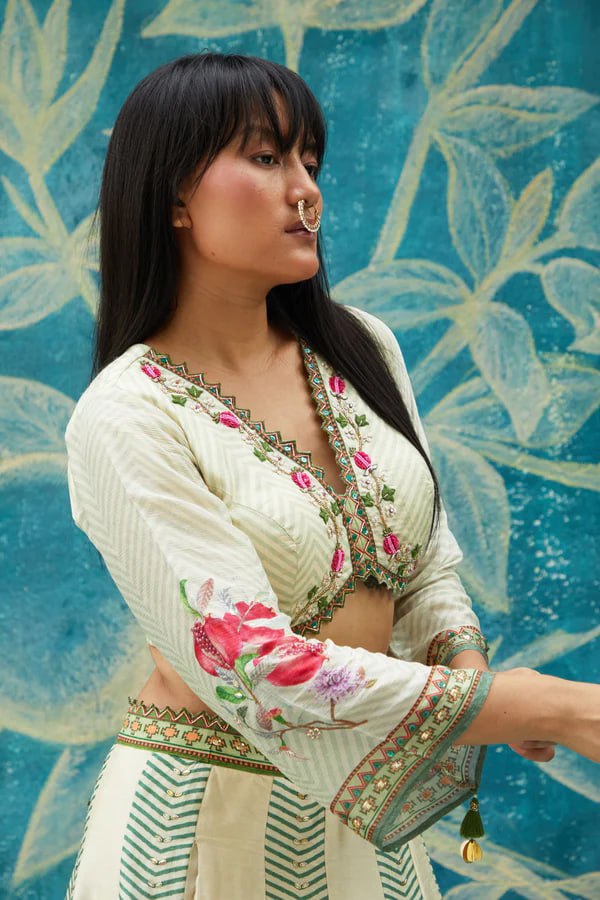 Ivory & Green Floral Printed Lehenga Set