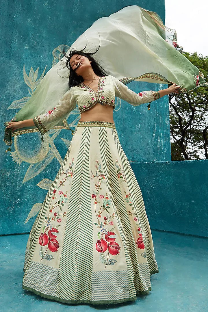 Ivory & Green Floral Printed Lehenga Set