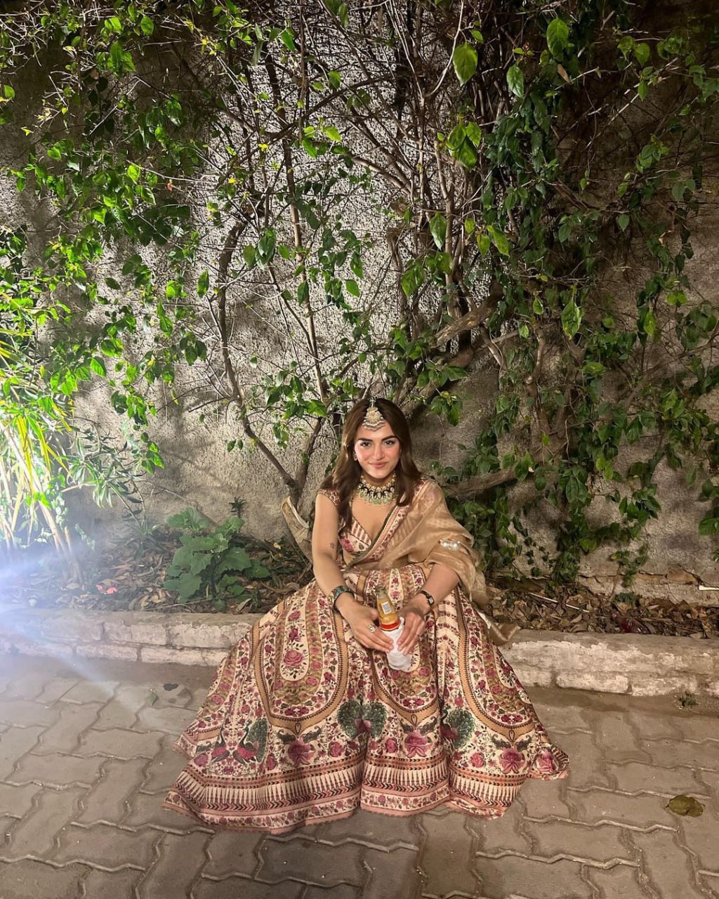 Beige & Maroon Floral Embroidery print Bridal Lehenga