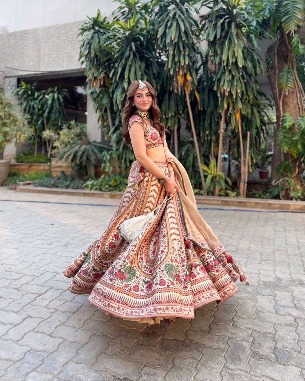 Beige & Maroon Floral Embroidery print Bridal Lehenga