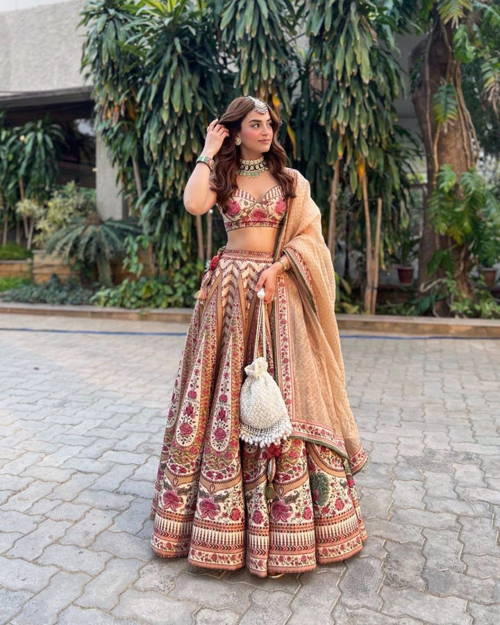 Beige & Maroon Floral Embroidery print Bridal Lehenga
