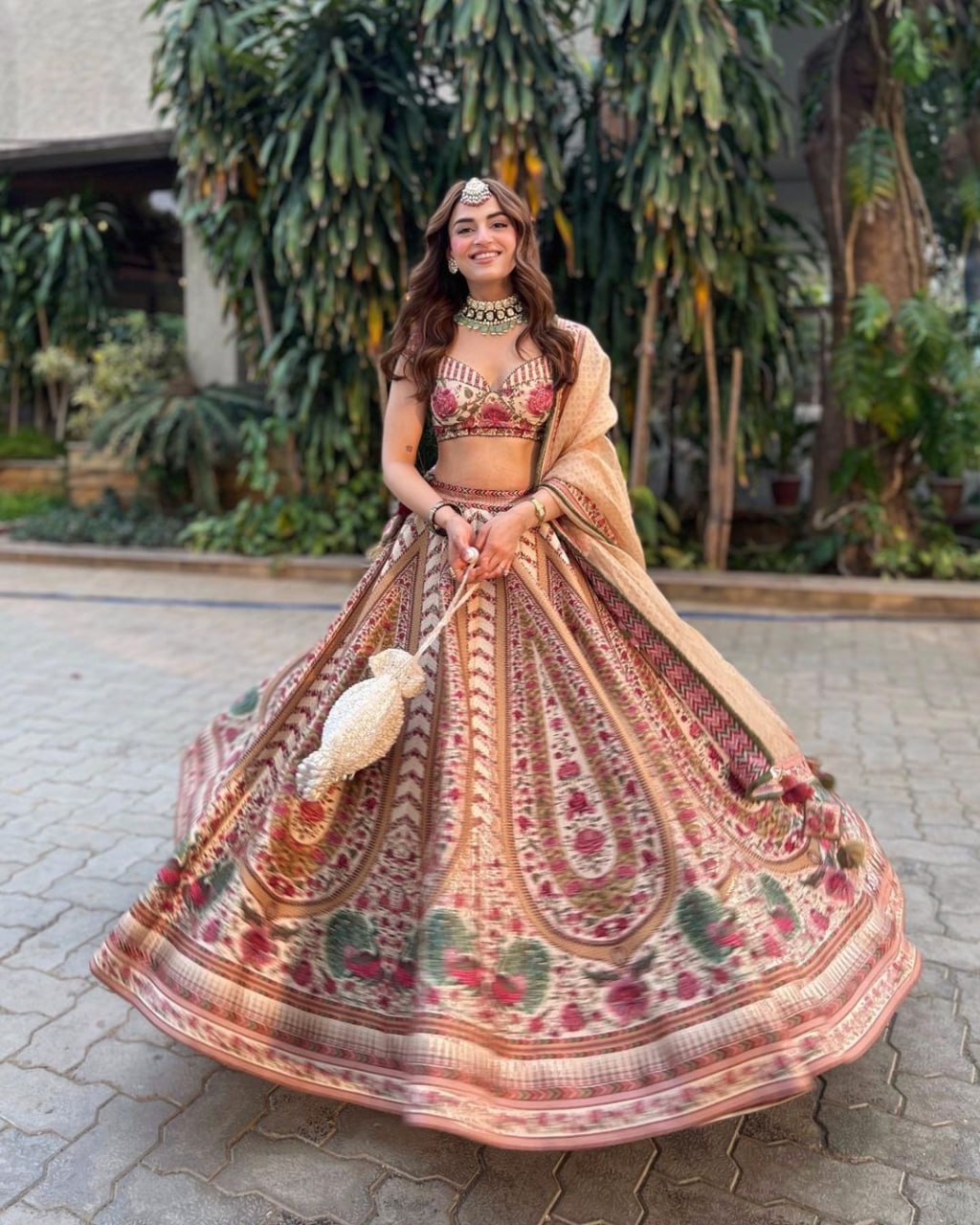 Beige & Maroon Floral Embroidery print Bridal Lehenga