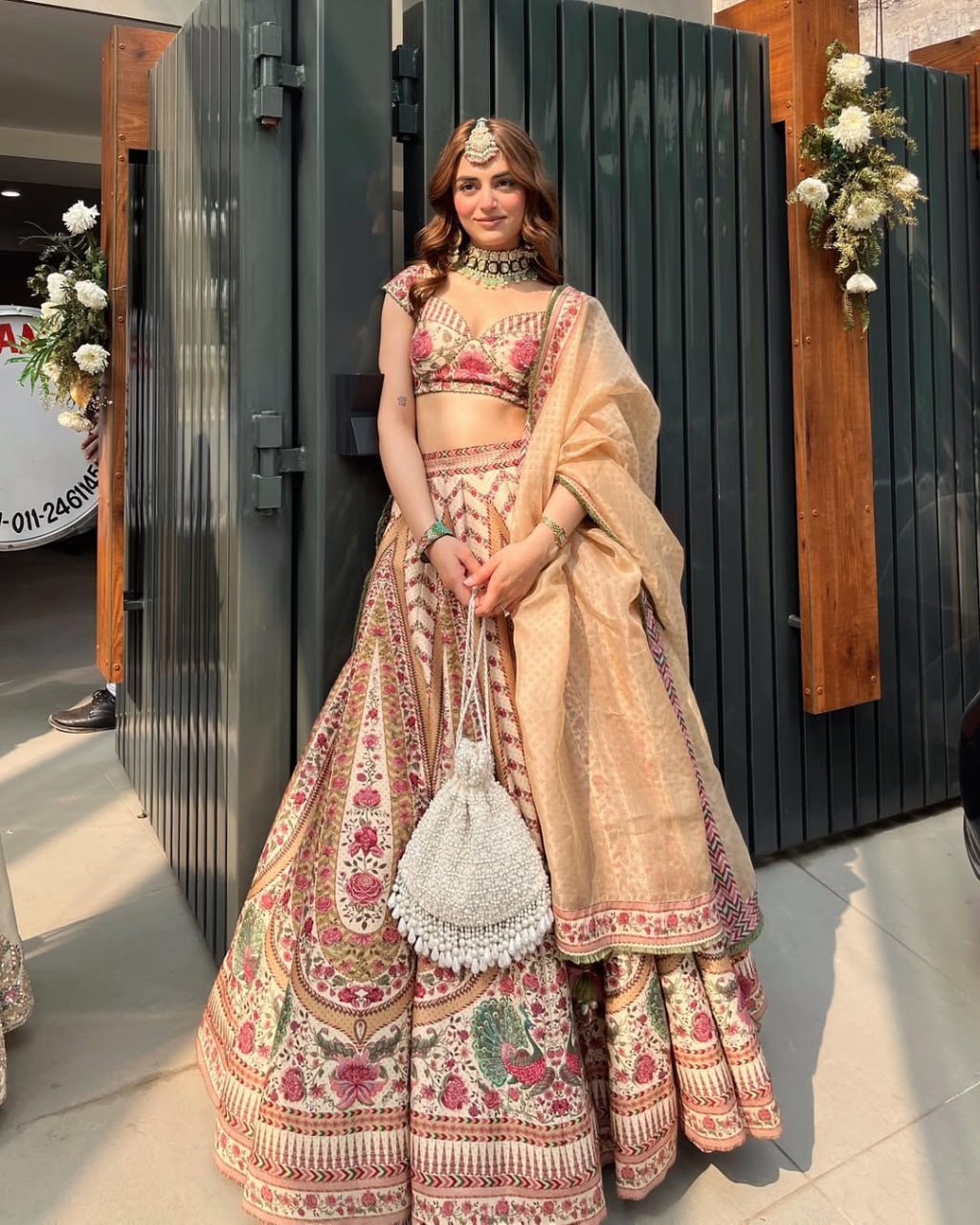 Beige & Maroon Floral Embroidery print Bridal Lehenga