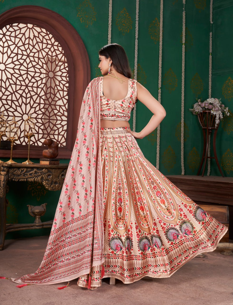 Beige & Maroon Floral Embroidery print Bridal Lehenga