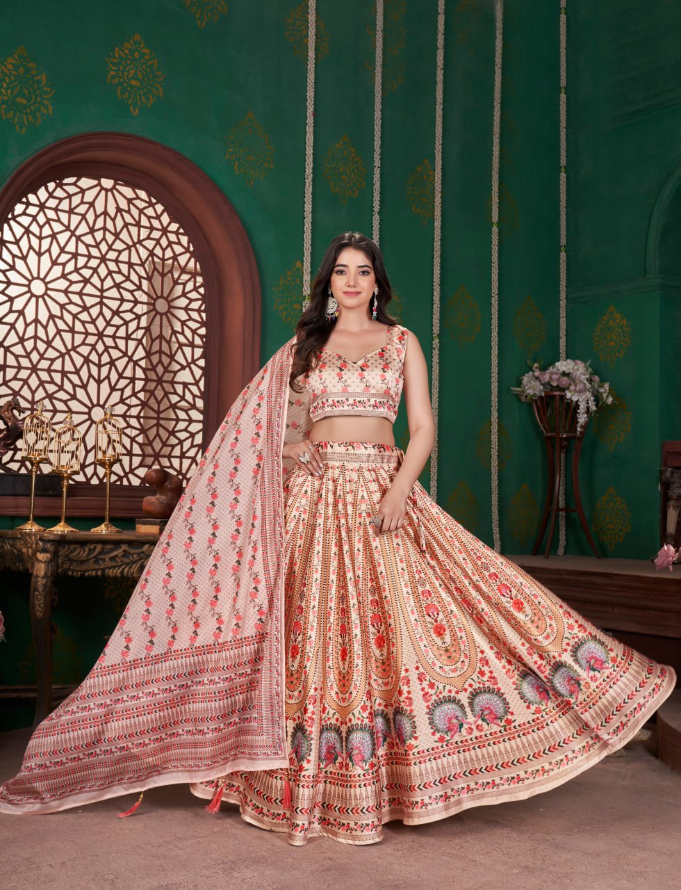 Beige & Maroon Floral Embroidery print Bridal Lehenga