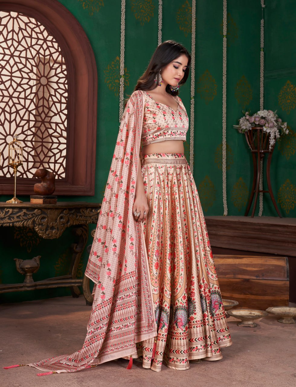 Beige & Maroon Floral Embroidery print Bridal Lehenga