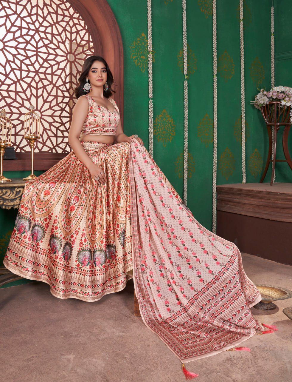Beige & Maroon Floral Embroidery print Bridal Lehenga