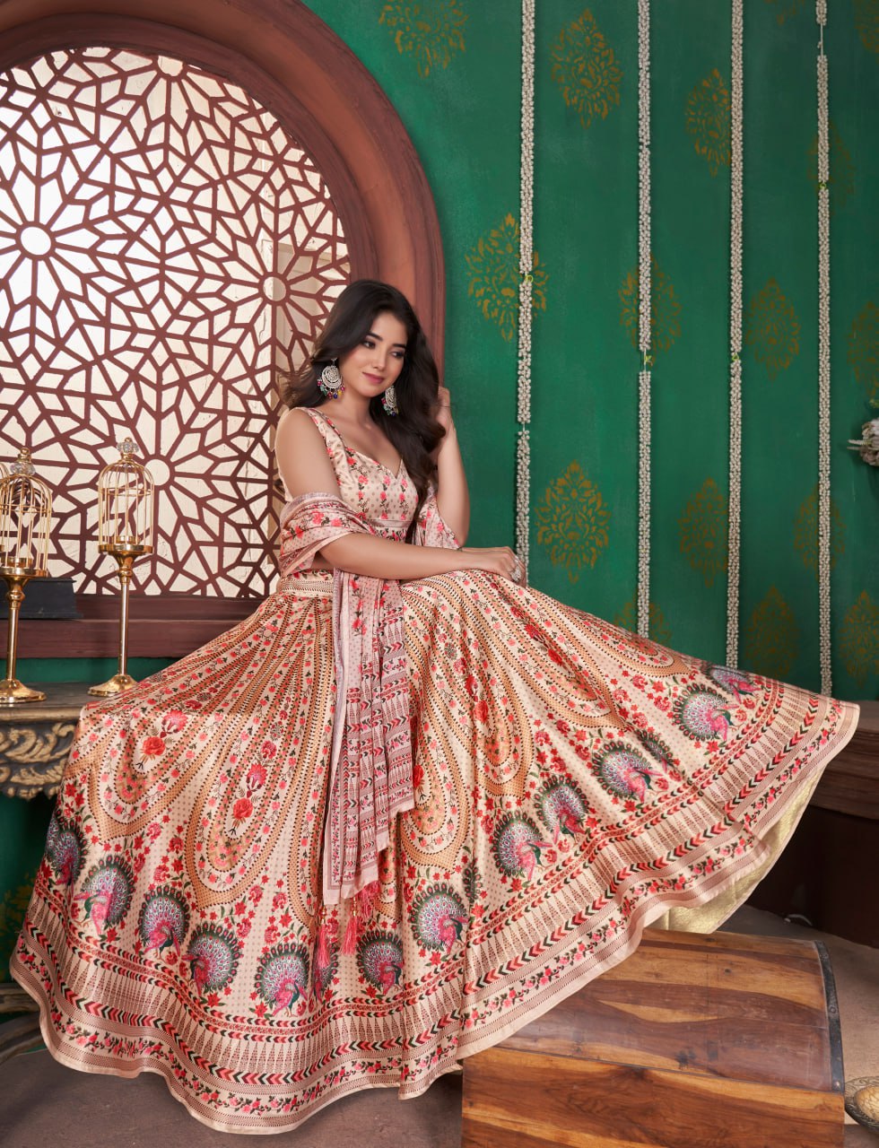 Beige & Maroon Floral Embroidery print Bridal Lehenga