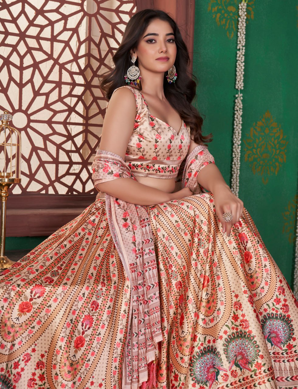 Beige & Maroon Floral Embroidery print Bridal Lehenga