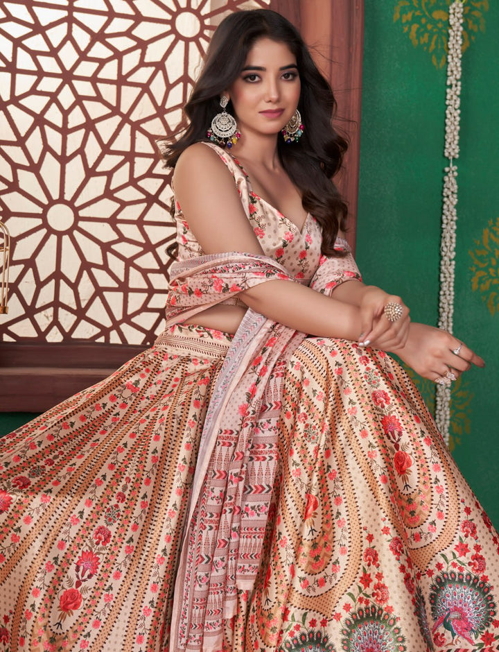 Beige & Maroon Floral Embroidery print Bridal Lehenga