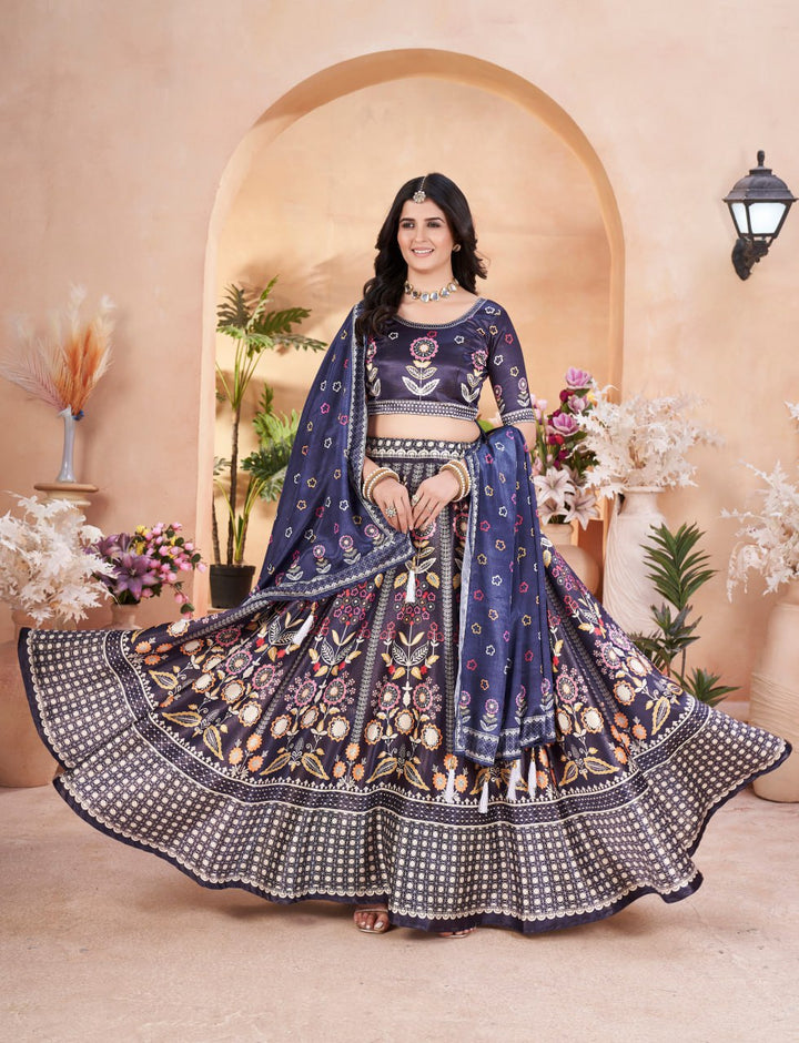 Navy Blue Floral Embroidered Lehenga with Dupatta