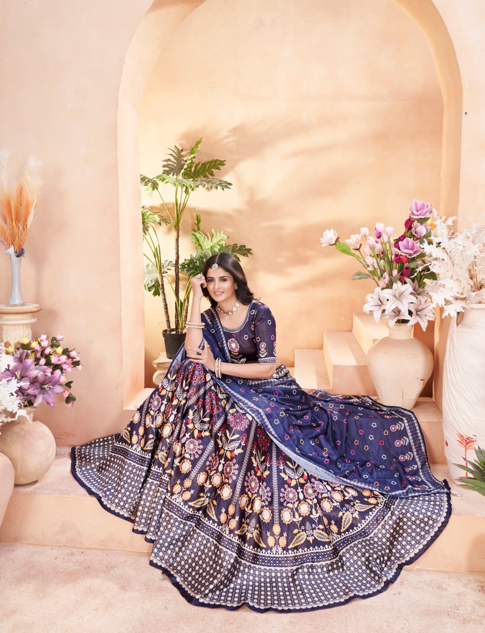 Navy Blue Floral Embroidered Lehenga with Dupatta