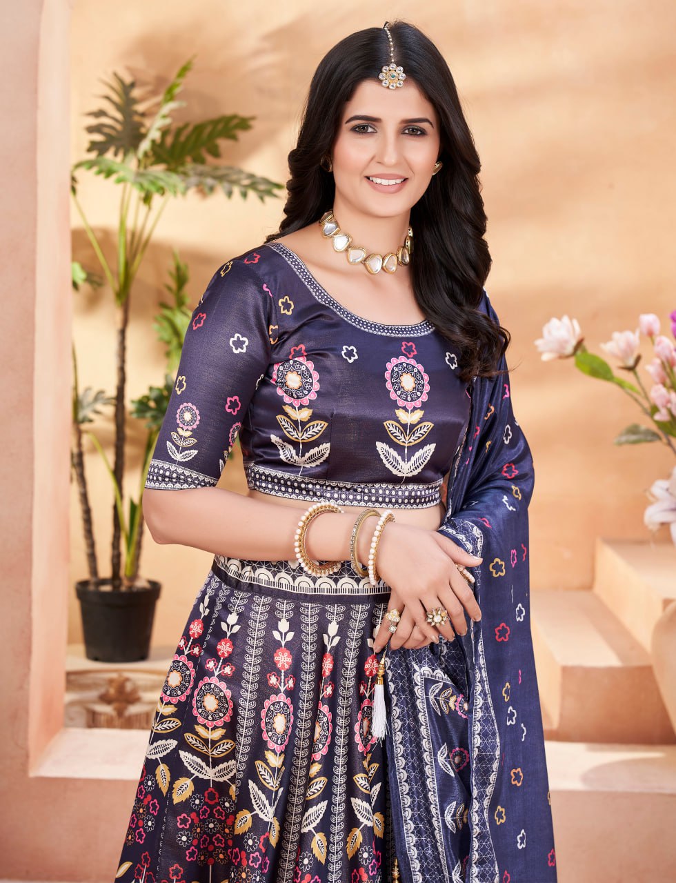 Navy Blue Floral Embroidered Lehenga with Dupatta