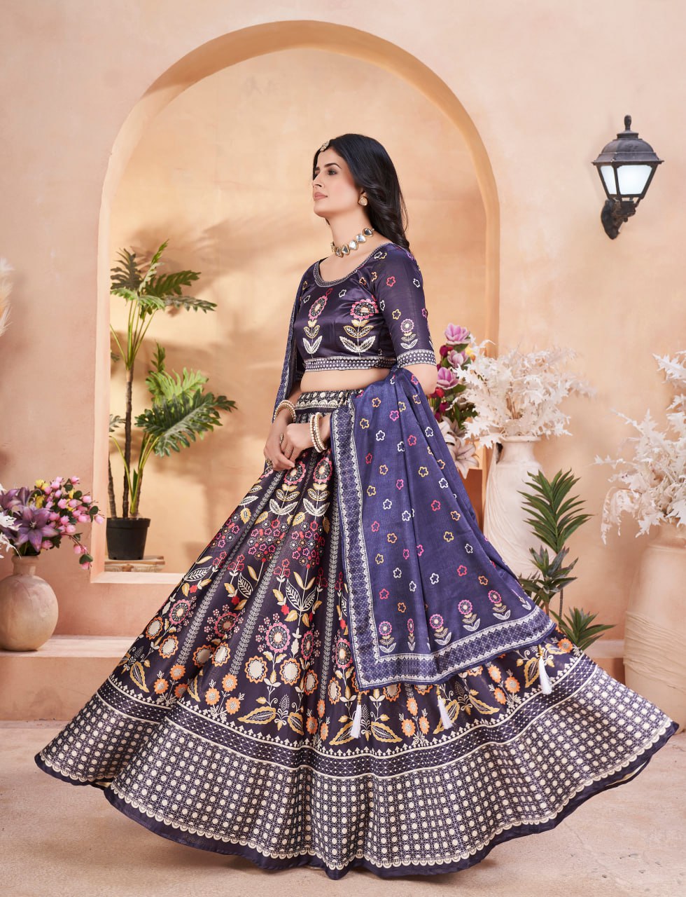 Navy Blue Floral Embroidered Lehenga with Dupatta