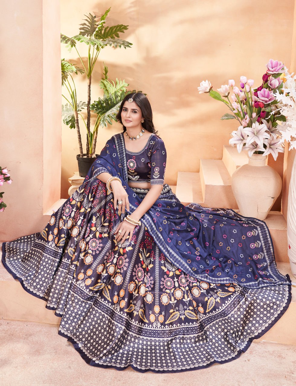 Navy Blue Floral Embroidered Lehenga with Dupatta