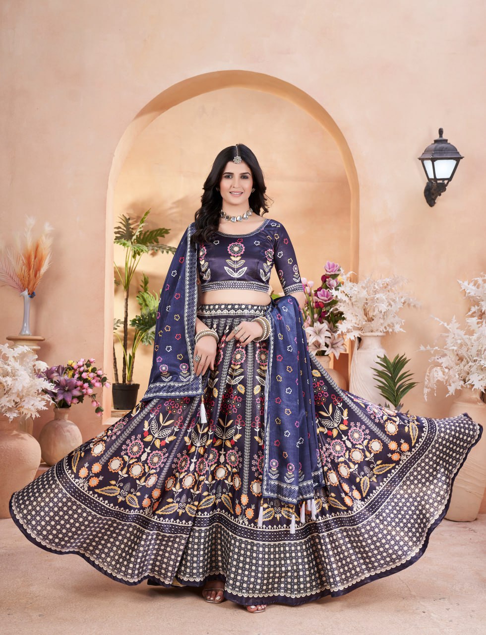 Navy Blue Floral Embroidered Lehenga with Dupatta