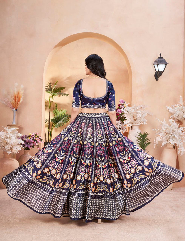 Navy Blue Floral Embroidered Lehenga with Dupatta