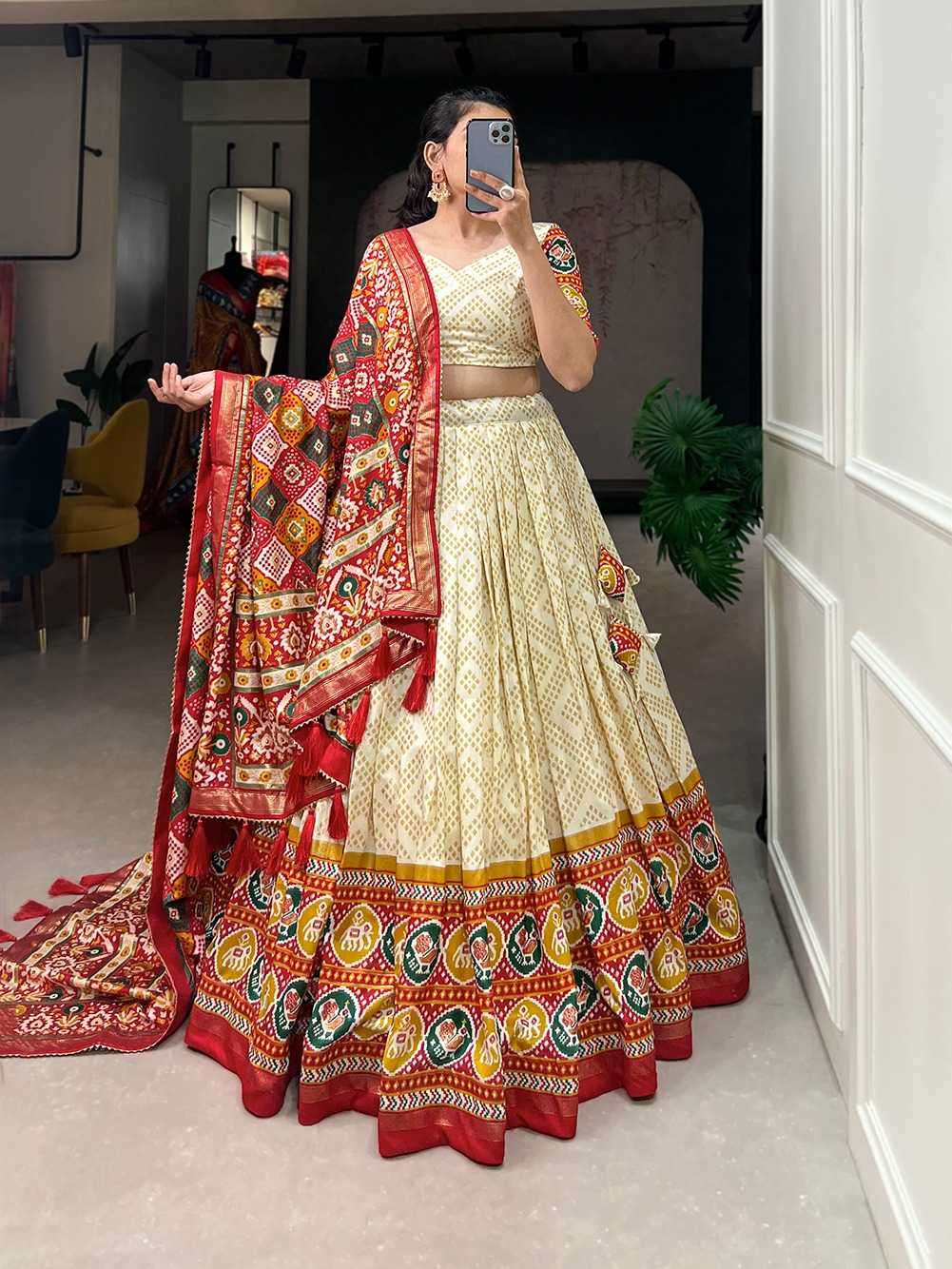 Tusser Silk Lehenga Choli with Intricate Print and Dupatta